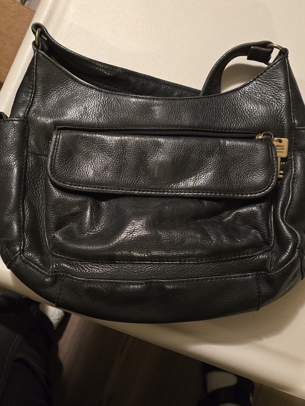Fossil Black Leather Shoulder Bag with Front Flap Pocket